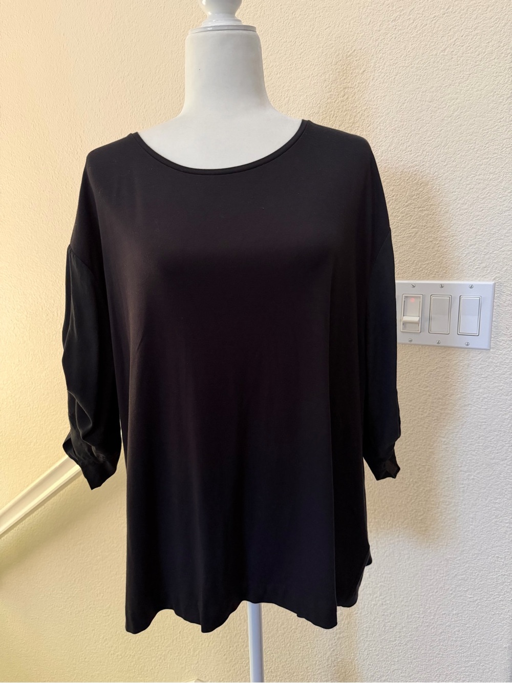 $395 COS Mixed-Media Silk Sleeve Jersey Top Black size Large
